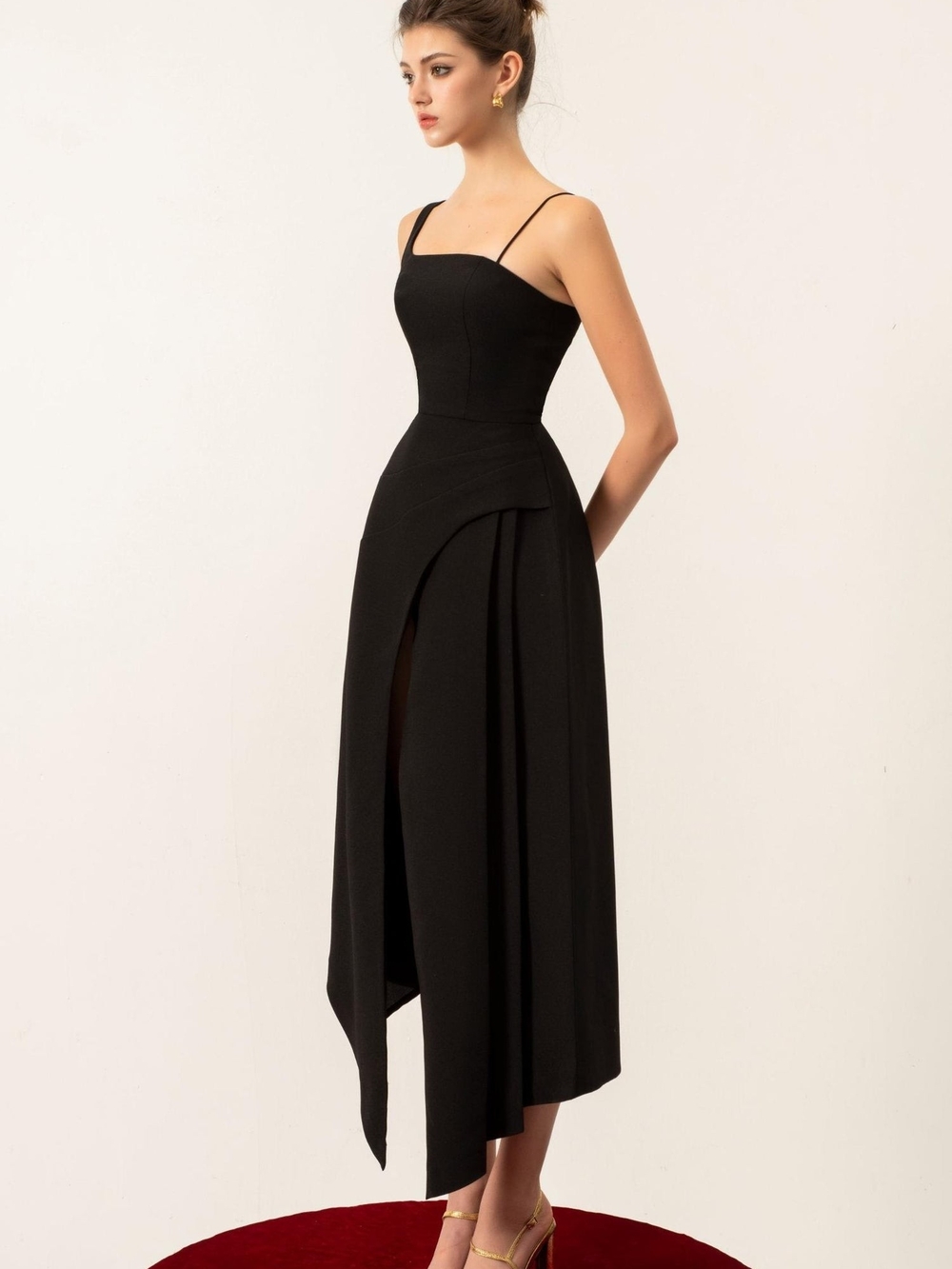 Sophisticated Black Asymmetrical Spaghetti-Strap Dress